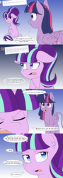 Size: 1000x2800 | Tagged: safe, starlight glimmer, twilight sparkle, alicorn, pony, unicorn, series:glimmering spectacle, g4, annoyed, comic, dialogue, leonine tail, sitting, tumblr, twilight sparkle (alicorn)