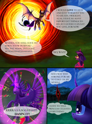 Size: 3624x4899 | Tagged: safe, artist:malajahr, twilight sparkle, oc, oc:fallenlight, alicorn, pony, comic:curse and madness, g4, accretion disk, amulet, armor, bat wings, black hole, bound, bound wings, breaking free, chains, cloud, comic, cultist, dark, explosion, forest, gauntlet, helmet, horn, magic, magic suppression, magical bondage, membranous wings, mlpcam, night, peytral, portal, sky, smoking horn, spaghettification, stars, text bubbles, twilight sparkle (alicorn), universe sandbox