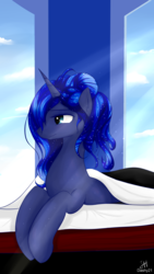 Size: 2160x3840 | Tagged: safe, artist:dashy21, princess luna, alicorn, pony, g4, bed, bed mane, crepuscular rays, female, high res, solo