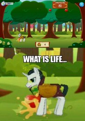 Size: 904x1289 | Tagged: safe, gameloft, screencap, chancellor neighsay, pony, unicorn, g4, apple, disappointed, fail, failure, food, game, game screencap, image macro, karma, male, meme, punish the villain, sad, stallion, sweet apple acres, text, what is life