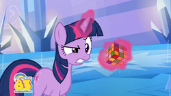 Size: 2048x1151 | Tagged: dead source, safe, screencap, twilight sparkle, pony, unicorn, g4, official, 1983, angry, animation error, crystal palace, female, frustrated, glowing horn, horn, magic, mare, rubik's cube, solo, somehow a unicorn again, telekinesis, unicorn twilight, youtube link