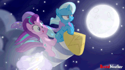 Size: 640x360 | Tagged: safe, artist:brutalweather studio, starlight glimmer, trixie, pony, unicorn, g4, accessory swap, animated, cloud, cute, duo, female, flying, full moon, glare, glimmerbetes, guardians of harmony, i can't believe it's not hasbro studios, leaning, mare, moon, night, open mouth, rocket, show accurate, sitting, sky, smiling, smirk, stars, toy, toy interpretation, trixie's rocket, wide eyes