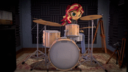 Size: 3840x2160 | Tagged: safe, artist:imafutureguitarhero, derpibooru exclusive, sunset shimmer, unicorn, anthro, plantigrade anthro, g4, 3d, amplifier, animated, camera, carpet, clothes, drum kit, drumming, drums, drumsticks, feet, female, headphones, high res, jeans, led zeppelin, loop, mare, multicolored hair, multiple angles, musical instrument, overhead view, pants, rock (music), shoes, solo, sound, source filmmaker, speaker, studio, sweater, tripod, webm