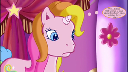 Size: 1280x720 | Tagged: safe, edit, edited screencap, editor:korora, screencap, rarity (g3), g3, the runaway rainbow, crystal rainbow castle, curtains, female, filly, horse colic, implied sweetberry, reality ensues, thought bubble