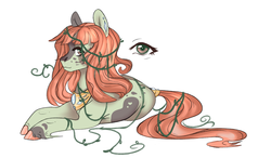 Size: 2000x1168 | Tagged: safe, artist:marsimmortal, oc, oc:atsuko, earth pony, pony, adoptable, brown eyes, green coat, hime cut, jewelry, necklace, redhead, tail wrap, unshorn fetlocks, vine