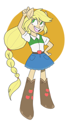 Size: 1840x3294 | Tagged: safe, artist:lemon-deadly, applejack, equestria girls, g4, alternate hairstyle, boots, clothes, cowboy boots, cowboy hat, cute, denim skirt, female, freckles, hat, hatless, missing accessory, open mouth, ponied up, simple background, skirt, solo, stetson
