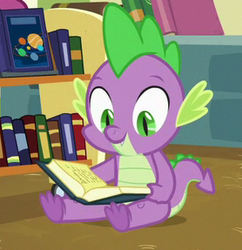 Size: 278x287 | Tagged: safe, screencap, spike, dragon, a flurry of emotions, g4, book, claws, cropped, cute, male, reading, smiling, spikabetes, tail