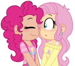 Size: 1138x1004 | Tagged: safe, artist:geekcoffee, fluttershy, pinkie pie, human, g4, blushing, boop, clothes, cute, diapinkes, ear piercing, earring, eyes closed, female, holding hands, humanized, jewelry, lesbian, noseboop, piercing, ship:flutterpie, shipping, shyabetes, simple background, sweater, sweatershy, white background