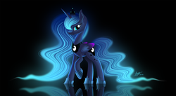 Size: 2500x1365 | Tagged: safe, artist:duskie-06, princess luna, alicorn, pony, g4, black background, crown, female, looking at you, reflection, regalia, simple background, solo