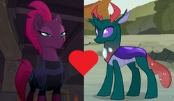Size: 1019x597 | Tagged: safe, edit, edited screencap, screencap, pharynx, tempest shadow, changedling, changeling, g4, my little pony: the movie, to change a changeling, armor, broken horn, crack shipping, eye scar, horn, prince pharynx, scar, ship:tempynx, shipping, shipping domino
