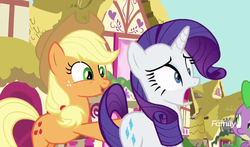 Size: 1840x1080 | Tagged: safe, screencap, applejack, rarity, spike, g4, yakity-sax, discovery family logo, out of context