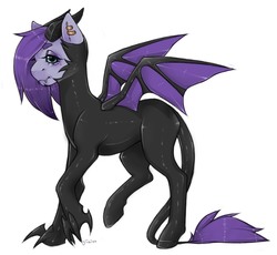 Size: 1590x1465 | Tagged: safe, artist:jiiaixx, oc, oc only, oc:bottom out, demon, demon pony, rubber pony, bat wings, claws, edgy, fangs, femboy, horns, latex, male, piercing, rubber, simple background, solo, trap, white background