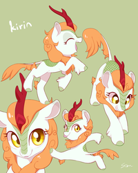 Size: 960x1200 | Tagged: safe, artist:sion, autumn blaze, kirin, sounds of silence, :p, awwtumn blaze, cute, female, green background, kirinbetes, silly, simple background, smiling, tongue out