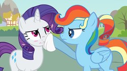 Size: 1280x720 | Tagged: safe, artist:agrol, rainbow dash, rarity, pegasus, pony, unicorn, let's switch bodies, g4, alternate hairstyle, body swap, cleaning, duo, duo female, eye swap, female, hoof hold, napkin