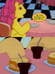 Size: 576x768 | Tagged: safe, edit, edited screencap, editor:korora, screencap, bon bon (g1), patch (g1), earth pony, pony, g1, g4, my little pony tales, the impractical joker, the one where pinkie pie knows, burger, cropped, female, food, g4 to g1, generation leap, hay burger, plate, soda