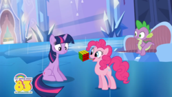 Size: 1280x720 | Tagged: safe, screencap, pinkie pie, spike, twilight sparkle, dragon, earth pony, pony, unicorn, g4, official, 1983, crystal palace, female, mare, pinkie being pinkie, pinkie physics, prehensile tongue, rubik's cube, tongue out, unicorn twilight