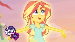 Size: 1280x720 | Tagged: safe, screencap, sunset shimmer, equestria girls, g4, my past is not today, equestria girls logo, glowing, happy, singing, smiling, sunshine shimmer, youtube thumbnail