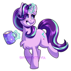 Size: 2859x2832 | Tagged: safe, artist:shyshyoctavia, starlight glimmer, pony, unicorn, g4, chest fluff, chocolate, coffee mug, cute, ear fluff, empathy cocoa, female, food, glimmerbetes, glowing horn, grin, high res, horn, hot chocolate, implied trixie, magic, mare, marshmallow, mug, simple background, smiling, solo, transparent background, watermark