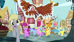 Size: 1278x719 | Tagged: safe, screencap, berry punch, berryshine, bunny moon, carrot top, coco crusoe, derpy hooves, golden harvest, lemon hearts, linky, orchid dew, pinkie pie, shoeshine, earth pony, pegasus, pony, unicorn, g4, yakity-sax, background pony, discovery family logo, female, herd, male, mare, musical instrument, running, scared, stallion, sunshine hearts, wrong eye color, yovidaphone