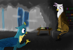 Size: 1300x900 | Tagged: safe, artist:horsesplease, gallus, gilda, griffon, g4, book, bookshelf, cave, duo, female, gallus the rooster, male, paint tool sai, scroll, smiling, smirk, story included, table, upset, waterfall