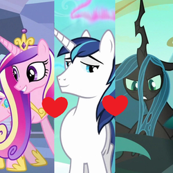Size: 500x500 | Tagged: safe, artist:prideponies, edit, edited screencap, screencap, princess cadance, queen chrysalis, shining armor, alicorn, changeling, changeling queen, pony, unicorn, g4, bisexual, female, lesbian, love triangle, male, polyamory, ship:chrysarmordance, ship:shining chrysalis, ship:shiningcadance, shipping, shipping domino, straight, trio
