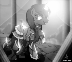 Size: 876x750 | Tagged: safe, artist:zidanemina, oc, oc only, pony, unicorn, armor, black and white, commission, digital art, grayscale, lens flare, male, monochrome, quickie, signature, solo, stallion