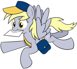 Size: 3874x3482 | Tagged: safe, artist:reconprobe, derpy hooves, pegasus, pony, g4, female, flying, high res, letter, mail, mailpony, mare, mouth hold, simple background, solo, spread wings, transparent background, underp, wings