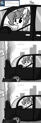 Size: 1650x4950 | Tagged: safe, artist:tjpones, twilight sparkle, oc, oc:brownie bun, alicorn, earth pony, pony, horse wife, g4, ask, bait and switch, car, car crash, crash, driving, ear fluff, female, grayscale, mare, missing poster, monochrome, property damage, sitting, tumblr, twilight sparkle (alicorn)