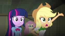 Size: 1280x714 | Tagged: safe, screencap, applejack, fluttershy, twilight sparkle, equestria girls, g4, my little pony equestria girls: rainbow rocks, angry, applejack's hat, barrette, clothes, cowboy hat, female, hat, stetson