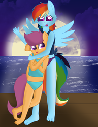 Size: 2550x3300 | Tagged: safe, artist:skyflys, rainbow dash, scootaloo, anthro, plantigrade anthro, g4, barefoot, belly button, clothes, cute, duo, feet, female, happy, high res, hug, midriff, moon, moonlight, night, scootalove, sisters, swimsuit, tankini, water