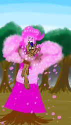 Size: 800x1400 | Tagged: safe, artist:horsesplease, capper dapperpaws, pinkie pie, cat, dryad, g4, my little pony: the movie, cherry blossoms, clothes, crying, dress, flower, flower blossom, forest, grin, happy, help me, horrified, hug, meow, paint tool sai, petals, pink, sakura pie, scared, screaming, smiling, species swap, squee, story included, trapped, tree, xd