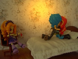 Size: 1480x1110 | Tagged: safe, artist:whatthehell!?, adagio dazzle, flash sentry, sunset shimmer, equestria girls, g4, bed, bedroom, boots, chair, clothes, doll, equestria girls minis, eqventures of the minis, female, irl, kissing, male, photo, ponied up, ship:flashimmer, shipping, shoes, straight, toy, tuxedo, voyeurism