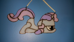 Size: 5312x2988 | Tagged: safe, sweetie belle, pony, g4, face down ass up, female, scootie belle, scooting, solo, stained glass (irl)