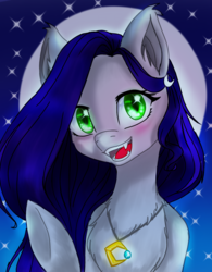 Size: 1457x1871 | Tagged: safe, artist:wolfimoons, oc, oc only, oc:midnight star, bat pony, pony, blushing, bust, fangs, female, jewelry, long mane, mare, moon, necklace, night, portrait, solo