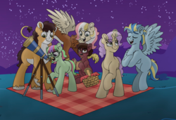 Size: 1167x799 | Tagged: safe, artist:pastel-charms, oc, oc only, oc:champion, oc:harmonic chord, oc:lucky horseshoe, oc:pansy everfree, oc:rock candy, oc:sonata glazed, draconequus, earth pony, hybrid, pegasus, pony, unicorn, adopted offspring, female, interspecies offspring, male, mare, night, offspring, parent:applejack, parent:cheese sandwich, parent:discord, parent:donut joe, parent:fluttershy, parent:pinkie pie, parent:rainbow dash, parent:rarity, parent:soarin', parent:trouble shoes, parent:twilight sparkle, parents:cheesepie, parents:discoshy, parents:rarijoe, parents:soarindash, parents:troublejack, stallion, telescope
