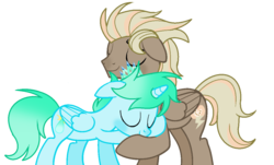 Size: 1168x704 | Tagged: dead source, safe, artist:rainbows-skies, oc, oc only, oc:apple jonny, oc:water star, alicorn, pegasus, pony, crown, father and son, hug, jewelry, male, regalia, simple background, stallion, transparent background