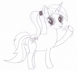Size: 2048x1890 | Tagged: safe, artist:ragmo, oc, oc only, oc:swift sword, pony, unicorn, atg 2018, female, looking at you, monochrome, newbie artist training grounds, simple background, standing, traditional art, waving, white background