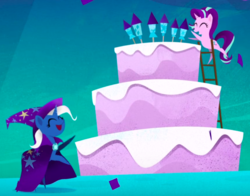 Size: 571x447 | Tagged: safe, screencap, starlight glimmer, trixie, pony, unicorn, g4, my little pony: the movie, cake, cape, clothes, cropped, duo, female, fireworks, food, hat, ladder, mare, pointy ponies, trixie's cape, trixie's hat