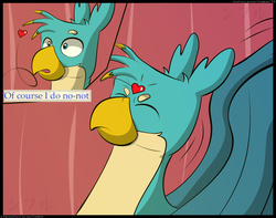 Size: 2350x1850 | Tagged: safe, artist:flash_draw, gallus, sandbar, earth pony, griffon, pony, comic:boring days, g4, comic, cute, dialogue, gallabetes, gay, heart, interspecies, male, nervous, offscreen character, pony on griffon action, ship:gallbar, shipping, sitting, text
