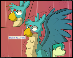Size: 2350x1850 | Tagged: safe, artist:flash_draw, gallus, sandbar, earth pony, griffon, pony, comic:boring days, g4, comic, cute, dialogue, gallabetes, gay, heart, interspecies, knot, male, nervous, offscreen character, pony on griffon action, ship:gallbar, shipping, sitting, text