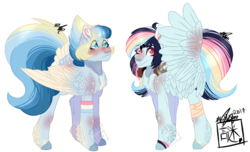 Size: 1290x785 | Tagged: safe, artist:vintage-owll, oc, oc:aero mist, oc:electric rhythm, pegasus, pony, blushing, chest fluff, duo, female, mare, offspring, parent:rainbow dash, parent:soarin', parents:soarindash, simple background, sisters, tail feathers, transparent background