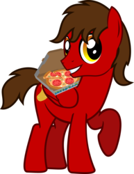 Size: 711x918 | Tagged: safe, artist:lightningbolt, derpibooru exclusive, oc, oc only, oc:chip, pegasus, pony, g4, .svg available, carrying, flower, folded wings, food, grin, hair over one eye, looking at you, male, mushroom, pizza, pizza box, raised hoof, short tail, show accurate, simple background, smiling, solo, stallion, svg, tomato, transparent background, vector, wings