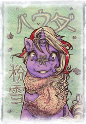 Size: 890x1278 | Tagged: safe, artist:farthingale, powder, g1, clothes, cute, g1betes, japanese, nose, postcard, powderbetes, scarf, snow, snow on nose, snowflake, traditional art, winter