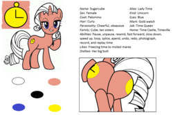 Size: 1836x1220 | Tagged: safe, artist:joey darkmeat, artist:mamandil, oc, oc only, oc:sugarcube, pony, unicorn, bedroom eyes, butt, clock, female, lesbian, mare, meme, plot, reference sheet, simple background, smiling, solo, tail, tail aside