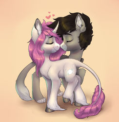 Size: 1890x1933 | Tagged: safe, artist:skycolor-sc, oc, oc only, oc:tarot, oc:xor, classical unicorn, pony, sphinx, unicorn, boop, cloven hooves, couple, curved horn, cute, ear piercing, female, floppy ears, fluffy, heart, hooves, horn, interspecies, leonine tail, long tail, male, mare, noseboop, oc x oc, paws, piercing, romantic, shipping, simple background, smiling, sphinx oc, straight, taror, unshorn fetlocks, wings