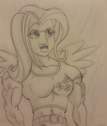 Size: 1024x1206 | Tagged: safe, artist:great1moss, fluttershy, equestria girls, g4, crossover, dragon ball, dragon ball super, kale (dragon ball), monochrome, muscles, muscleshy, traditional art, wings