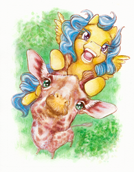 Size: 500x640 | Tagged: safe, artist:annapommes, tall tales, giraffe, pegasus, pony, g1, cute, g1betes, giddy, happy, heart, heart eyes, high angle, horns, looking at you, looking up, perspective, wingding eyes
