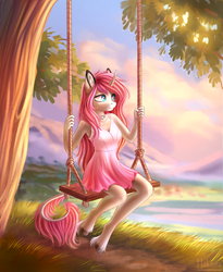 Size: 1500x1833 | Tagged: safe, artist:hakaina, oc, oc only, oc:tarot, classical unicorn, unicorn, anthro, unguligrade anthro, blue eyes, clothes, cloven hooves, collar, curved horn, dress, female, floppy ears, freckles, horn, jewelry, lake, leonine tail, long mane, long tail, mare, mountain, palomino, pink mane, scenery, smiling, solo, swing, tree, unshorn fetlocks