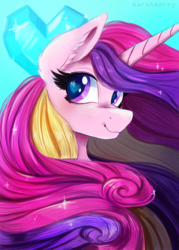 Size: 3000x4200 | Tagged: safe, artist:skylacuna, princess cadance, alicorn, pony, g4, art trade, beautiful, bust, female, heart eyes, looking at you, mare, regal, smiling, solo, wingding eyes