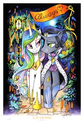 Size: 3900x5700 | Tagged: safe, artist:andypriceart, king sombra, princess celestia, alicorn, pony, unicorn, g4, absurd resolution, always, crown, female, good king sombra, heart, hooves, jewelry, leaves, long hair, looking at each other, love, male, mare, moon, night, outdoors, rainbow hair, regalia, ship:celestibra, shipping, signature, smiling, stallion, straight, streetlight, tanabata, text, tree, walking